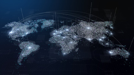 Fototapete - Futuristic global broadband internet communication between cities around the world with matrix particles continent map for head up display background