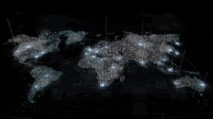 Fototapete - Futuristic global broadband internet communication between cities around the world with matrix particles continent map for head up display background