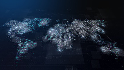 Fototapete - Futuristic global broadband internet communication between cities around the world with matrix particles continent map for head up display background