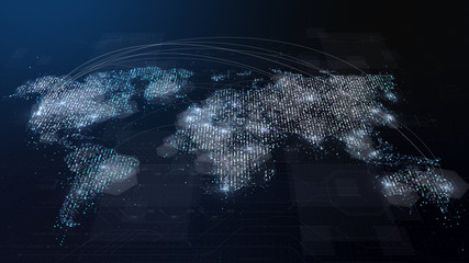 Aufkleber - Futuristic global broadband internet communication between cities around the world with matrix particles continent map for head up display background