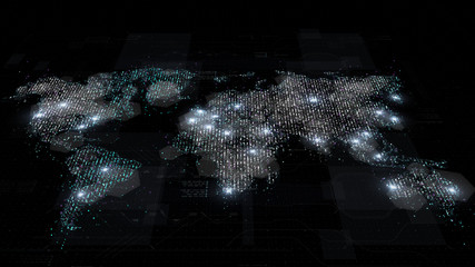 Fototapete - Futuristic global broadband internet communication between cities around the world with matrix particles continent map for head up display background