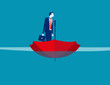 Businessman on umbrellar boat. Concept business vector, Sea, Water, Ship.