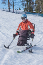 Disabled Athlete Downhill,  Winter Sport For Handicapped Person,  Adaptive Ski For Slalom , Disability Snow Sports