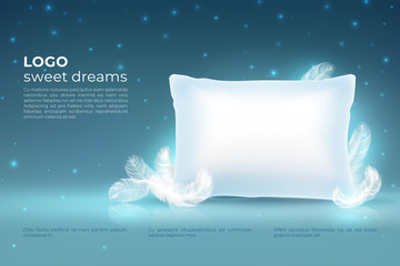 Realistic dream concept. Comfort sleep, bed relax pillow with feathers mockup, clouds stars on night sky. Dream vector background