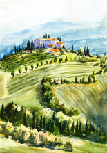 Toscana Landscape. Watercolor Illustration