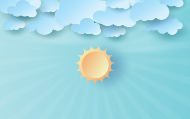 Wall Mural - 3d paper art and craft of sunlight on blue sky.landscape for sun and cloudscape view beautiful.use o