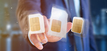 Businessman Holding Different Size Of A Smartphone Sim Card 3d Rendering