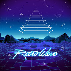 Sticker - 80s Retro Sci-Fi Background with Pyramid and Mountains. Vector futuristic synth retro wave illustration in 1980s posters style. Suitable for any print design in 80s style