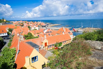 Sticker - Aerial view of small town - with beautiful, small houses - at the seaside, Gudhjem, Bornholm, Denmark