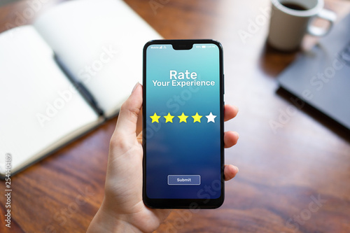 Cuadros en Lienzo Rate your experience customer satisfaction review Five Stars on mobile phone screen