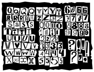 Latin alphabet, made up of letters of different sizes and shapes, is drawn in the style of inscriptions from detective stories. Black letters are cut from newspaper headlines. Part of the alphabet 2