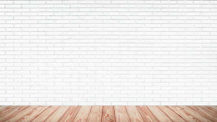 Poster - Empty top of wood floor with white brick wall background.