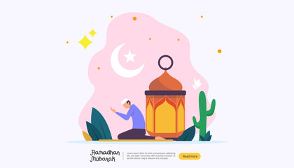 Canvas Print - happy ramadan mubarak greeting concept with people character for web landing page template, banner, presentation, social, and print media. islamic eid fitr or adha flat design vector illustration