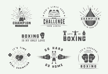 Wall Mural - Boxing and martial arts logo badges and labels in vintage style. Motivational posters with inspirational quotes. Vector illustration