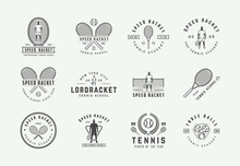Set Of Vintage Tennis Logos, Emblems, Badges, Labels And Design Elements. Vector Illustration. Monochrome Graphic Art.