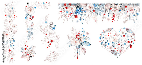 Set watercolor design with roses, collection garden red, blue flowers, leaves...