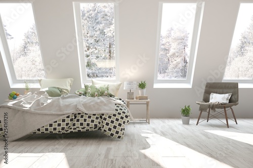 White Stylish Minimalist Bedroom With Winter Landscape In