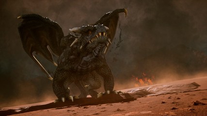 Wall Mural - Big dragon in the desert looking for his enemies. 3D Rendering