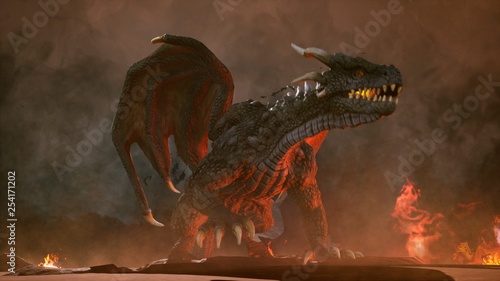 A big angry dragon in the desert is fighting off its enemies Obraz na płótnie