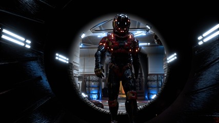 Wall Mural - The astronaut passes through a futuristic sci-fi tunnel with sparks and smoke, the interior view. 3D Rendering