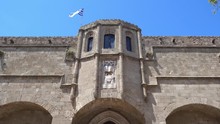 Rhodes, Greece - 21st Of April 2018: 4K Visiting The Palace Of The Grand Master Of The Knights Of Rhodes - Bottom View On The Front Wall Of Byzantine Building