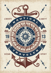 Wall Mural - Vintage Nautical Traveler Typography. T-shirt and label graphics in woodcut style. Editable EPS10 vector illustration.