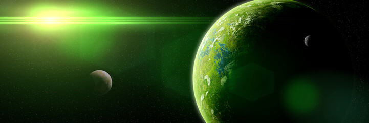 sunrise over alien world, exoplanet around a distant star, life on exotic planet (3d space illustrat