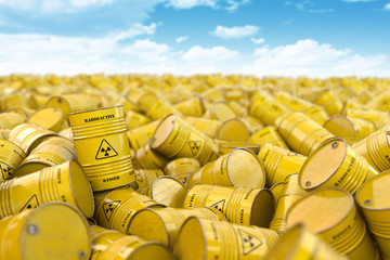 Wall Mural - Storage and utilization of nuclear radioactive waste concept background. Heap of yellow barrels with radioactive sign.