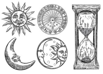 Wall Mural - Set of sundial, sun clock, hourglass or sand clock and moon crescent with sun engraving. Hand drawn and isolated. Vector