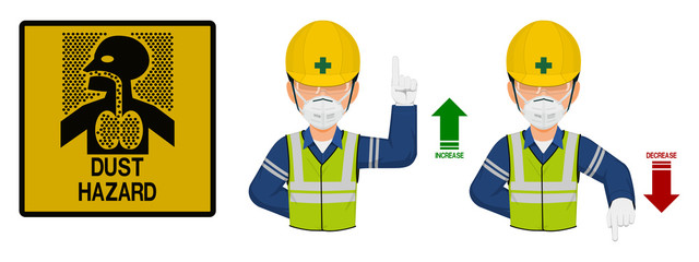 Set of industrial worker with dust mask is gesturing hand sign ( increase,decrease)