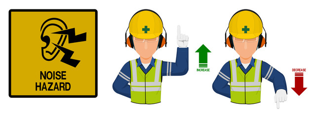 Set of industrial worker with hearing protective equipment is gesturing hand sign ( increase,decrease)