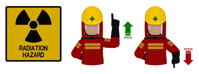 Sticker - Set of industrial worker with Radiation protective suit is gesturing hand sign ( increase,decrease)