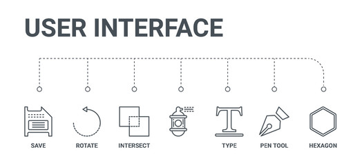 simple set of 7 line icons such as hexagon, pen tool, type,  , intersect, rotate, save from user interface concept on white background