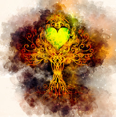 Poster - tree of life symbol on structured ornamental background with heart shape, flower of life pattern, yggdrasil.