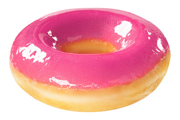 Donut with pink glossy glaze isolated on white background. One round pink Doughnut