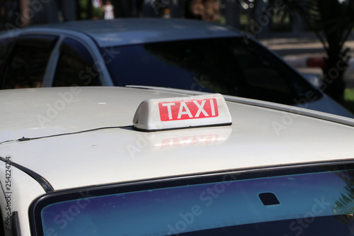 Taxi Light Sign Or Cab Sign In White And Red Color With White Text