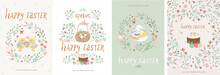 Happy Easter! Set Of Cute Vector Illustrations For A Poster, Card, Invitation Or Banner. Congratulations On The Holiday.