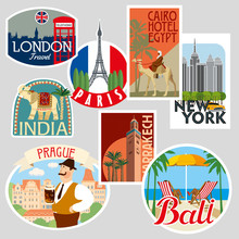 Set Of Travel Stickers. Cities Of The World. Vector Illustration