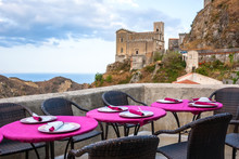 View Of Empty Outdoor Cafe In Sicily, Italy