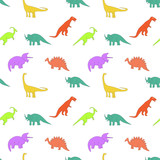 Fototapeta Dinusie - Seamless pattern with multicolors dinosaurs on the white background
