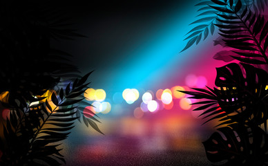 Poster - Background of an empty room with brick walls and neon lights. Silhouettes of tropical leaves, colorful smoke