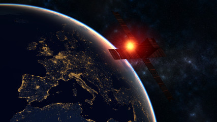 Wall Mural - satellite over europe-global network concept,the rising sun over the planet earth-3d render