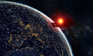 Wall Mural - satellite over europe-global network concept,the rising sun over the planet earth-3d render