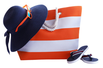 Orange Stripe Beach Bag  hat and other beach stuff  isolated on white background