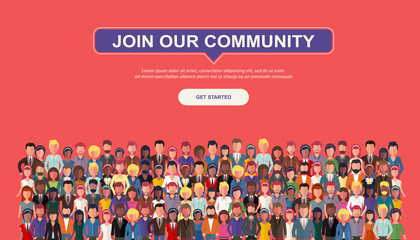 Join our community. Crowd of united people as a business or creative community standing together. Flat concept vector website template and landing page design for invitation to summit or conference
