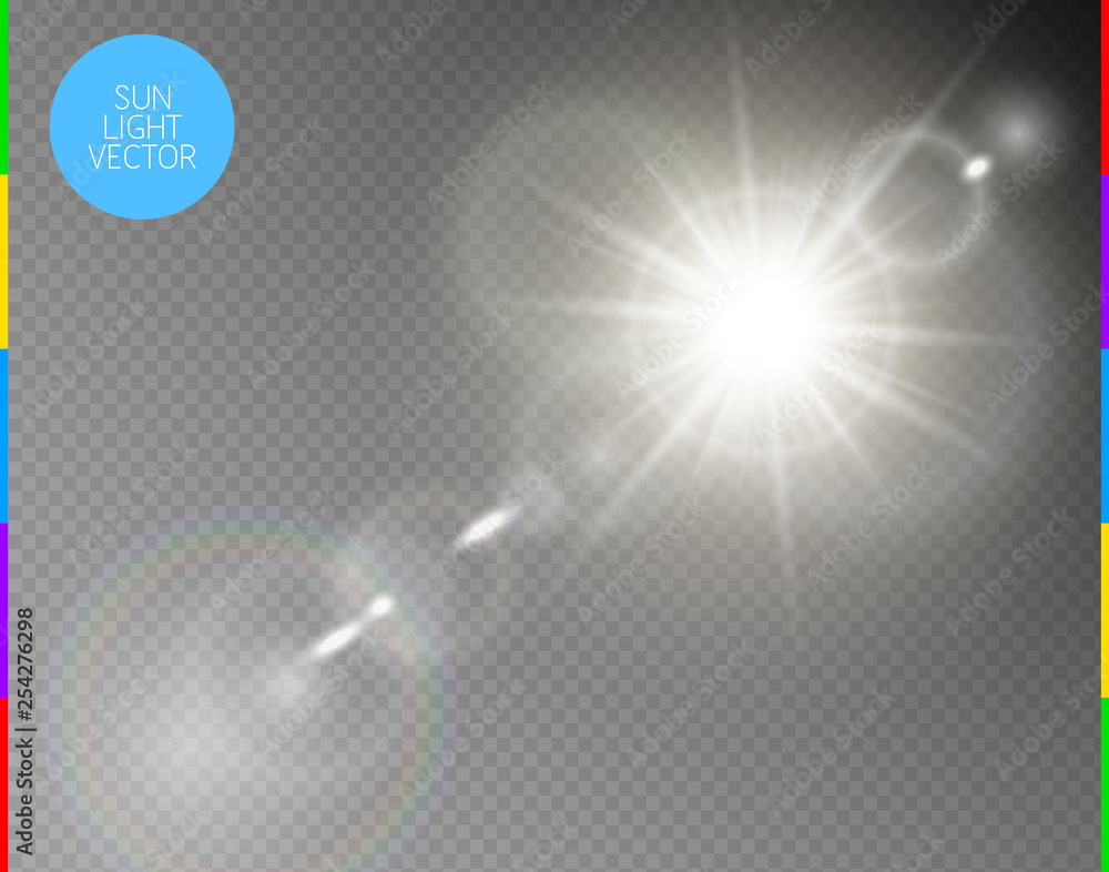 Vector transparent sunlight special lens flare light effect. Isolated sun flash rays and spotlight. White front translucent sunlight background. Blur abstract glow glare decor element. Star burst. - obrazy, fototapety, plakaty 