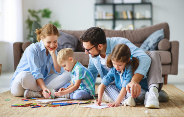 Poster - happy family mother father and kids draw together at home