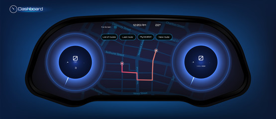 Automotive dashboard in Hud style Driver dashboard touch user interface. Speedometer and gps navigation system in futuristic style HUD.  Touch panel