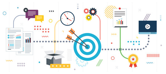 Advertising, marketing and communication. business marketing, analytics and strategy in social networks and social media. Template in flat design for web banner or infographic in vector illustration.