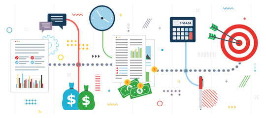 Poster - Business finance, investment and strategy. Financial chart of growth and profits, investment flow and success in business. Template in flat design for web banner or infographic in vector illustration.